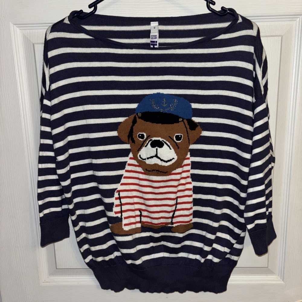 Henry Holland Jumper Breton Stripe French Bulldog UK 12 US 8 M Navy Dog Sweater